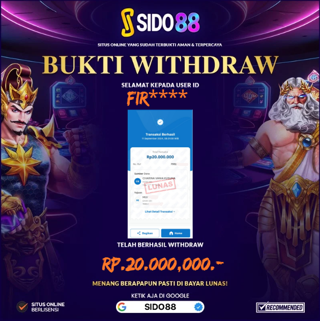 SELAMAT BUAT MEMBER SETIA SIDO88 ATAS JACKPOT RP.  20.000,000,-