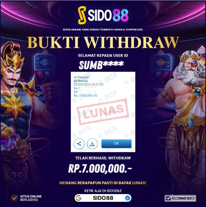 SELAMAT BUAT MEMBER SETIA SIDO88 ATAS JACKPOT RP.7.000,000,-