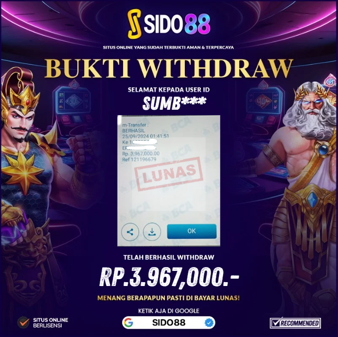 SELAMAT BUAT MEMBER SETIA SIDO88 ATAS JACKPOT RP.3.967,000,-