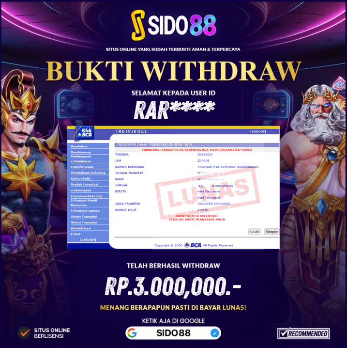 SELAMAT BUAT MEMBER SETIA SIDO88 ATAS JACKPOT RP.3.000,000,-