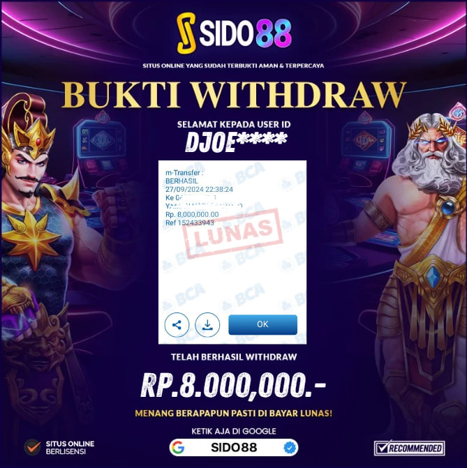 SELAMAT BUAT MEMBER SETIA SIDO88 ATAS JACKPOT RP.8.000,000,-