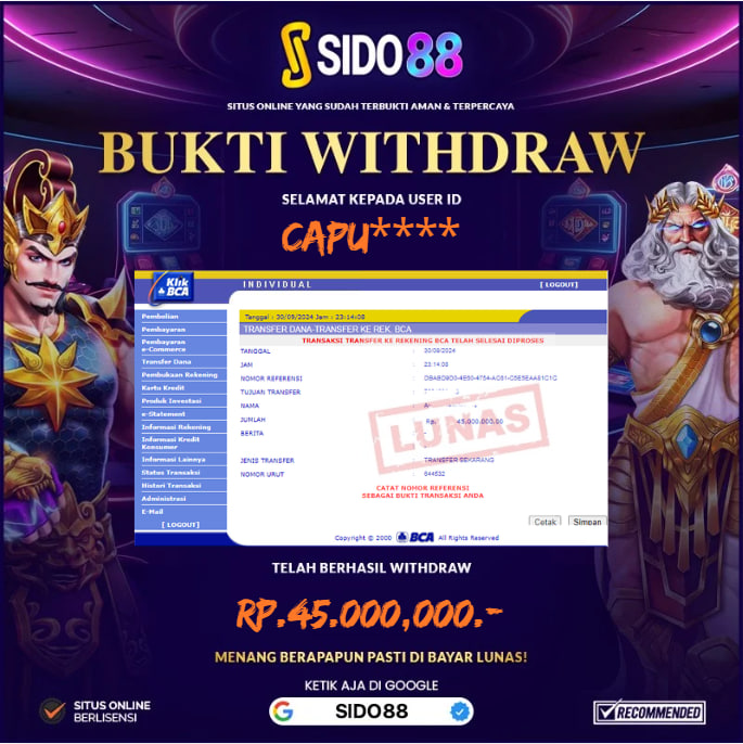 SELAMAT BUAT MEMBER SETIA SIDO88 ATAS JACKPOT RP.45.000,000,-