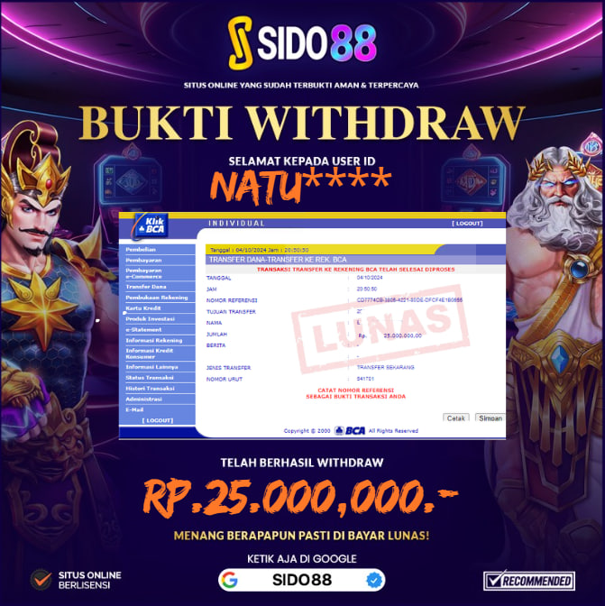 SELAMAT BUAT MEMBER SETIA SIDO88 ATAS JACKPOT RP.25.000,000,-