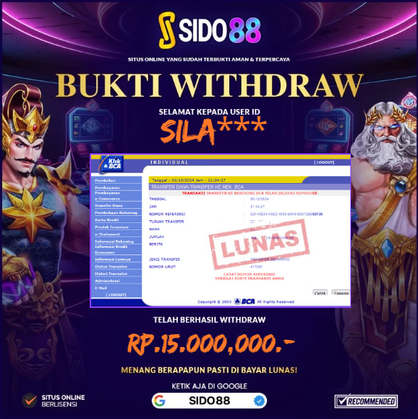 SELAMAT BUAT MEMBER SETIA SIDO88 ATAS JACKPOT RP.15.000,000,-