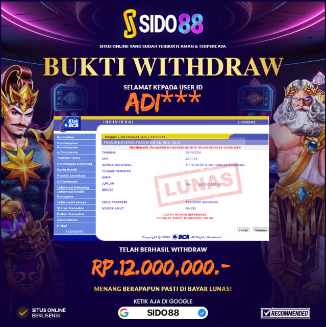 SELAMAT BUAT MEMBER SETIA SIDO88 ATAS JACKPOT RP.12.000,000,-