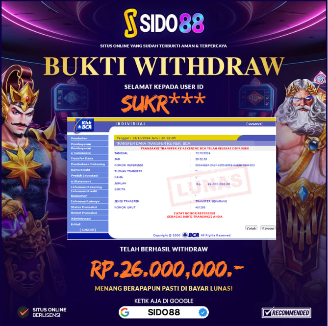 SELAMAT BUAT MEMBER SETIA SIDO88 ATAS JACKPOT RP.26.000,000,-