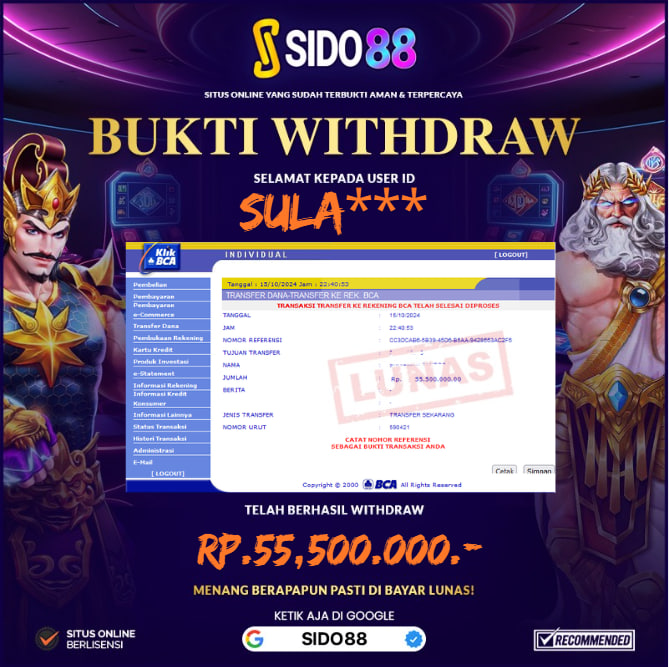 SELAMAT BUAT MEMBER SETIA SIDO88 ATAS JACKPOT RP.55.500,000,-