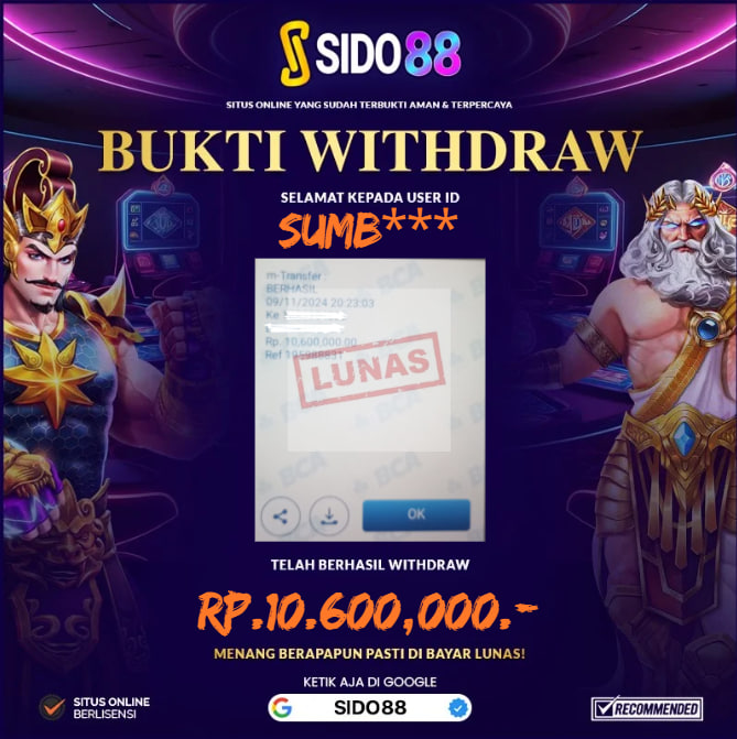 SELAMAT BUAT MEMBER SETIA SIDO88 ATAS JACKPOT RP. 10.600,000,-