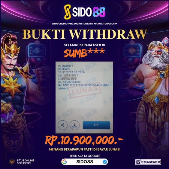 SELAMAT BUAT MEMBER SETIA SIDO88 ATAS JACKPOT RP. 10.900,000,-